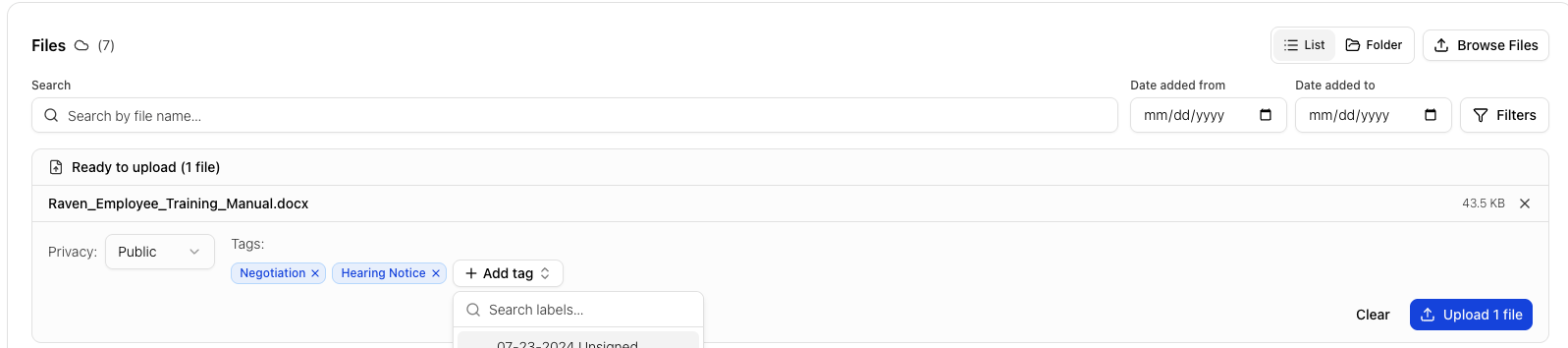 Case Files section with upload and file actions