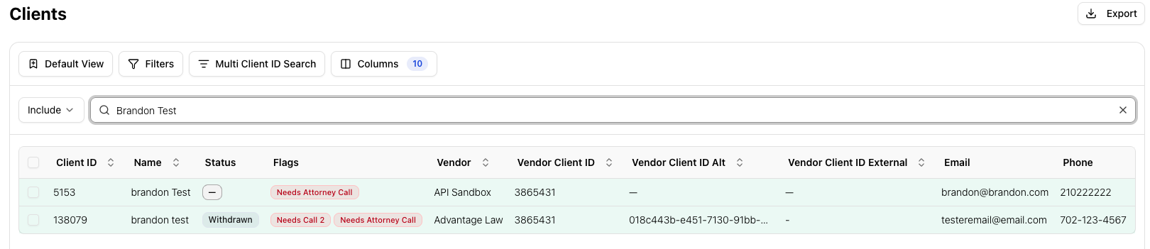 Client search screen with search and filter options