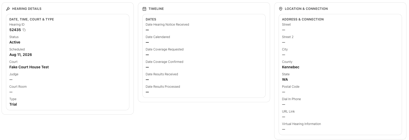 Hearing details, timeline, and location information