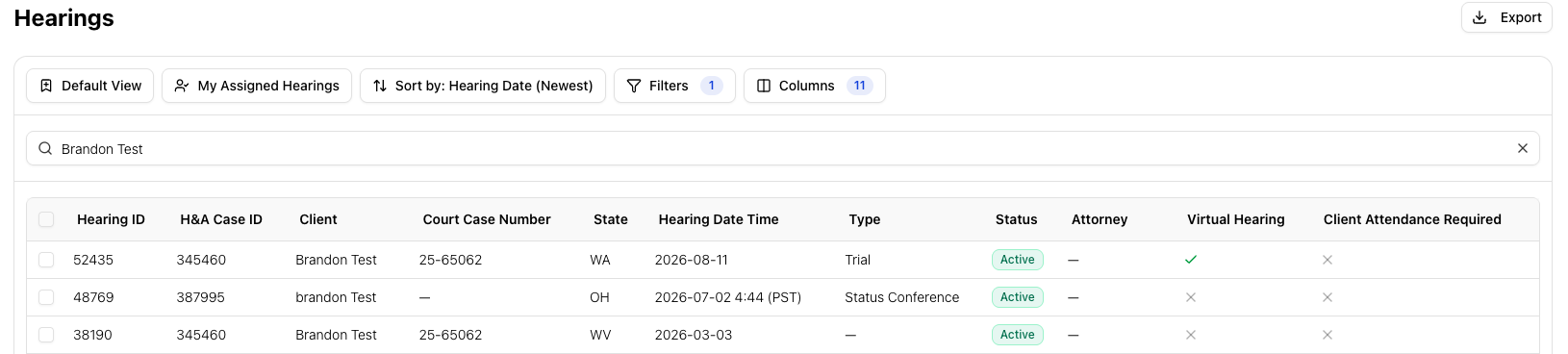 Hearing search screen with search and filters