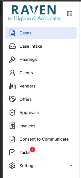 Raven main navigation sidebar showing Cases, Clients, Hearings, Tasks, and other sections