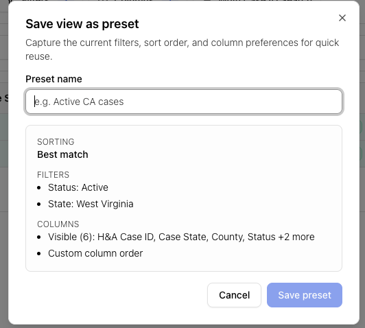 Saved views and presets
